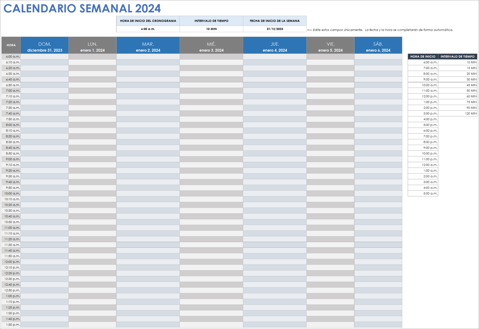  Plantilla de calendario semanal