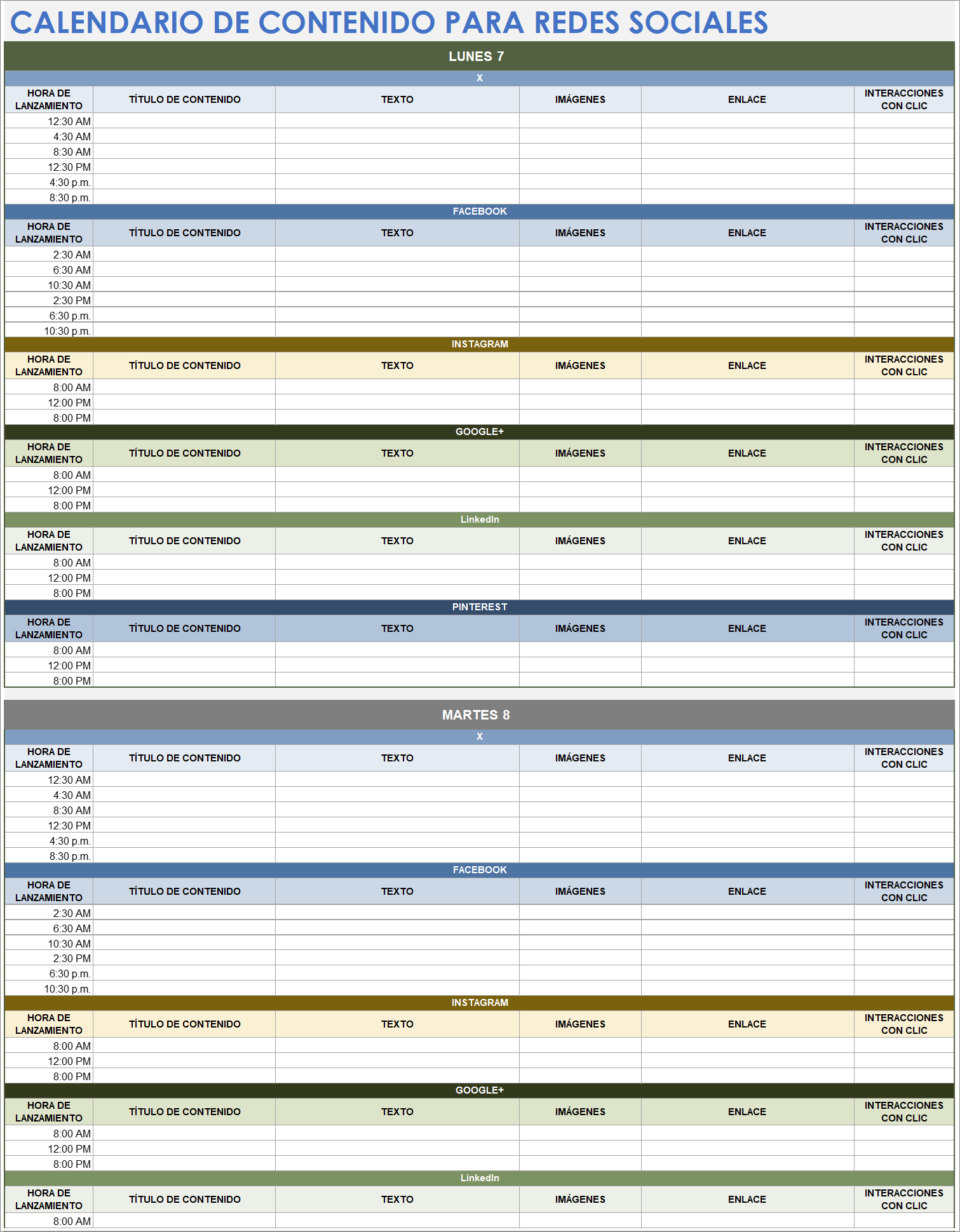  Plantilla de calendario de contenido de redes sociales de Google