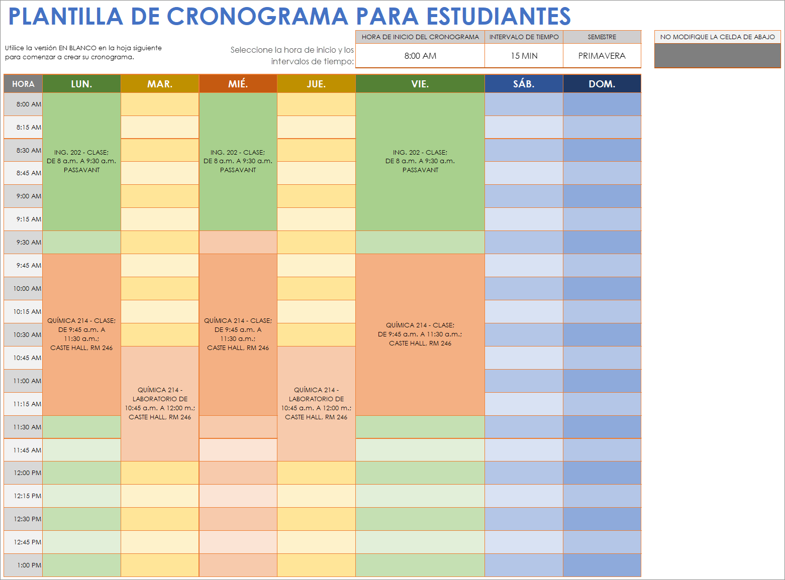  Plantilla de horario de estudiante Hoja de Google