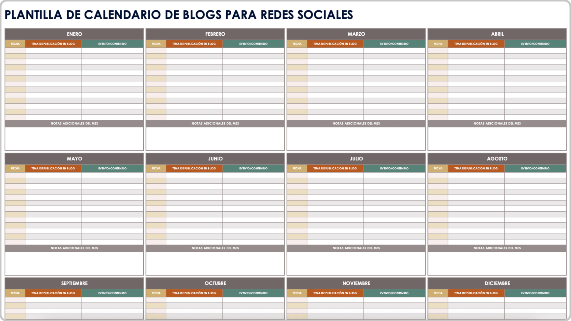 Plantilla de calendario de blogs en redes sociales