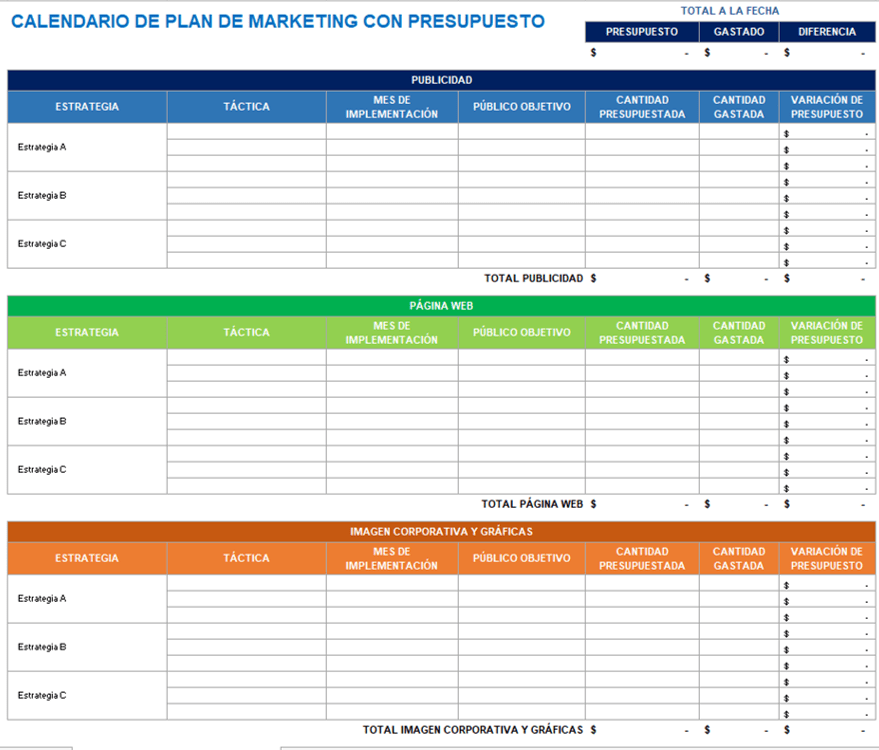 Calendario de plan de marketing con presupuesto