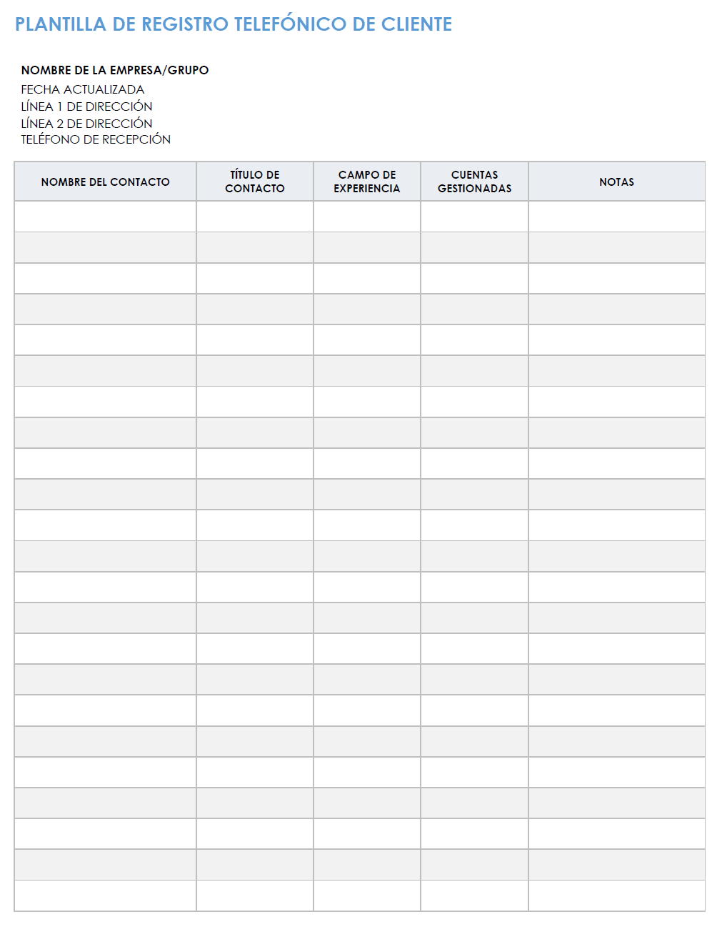 Plantilla de registro telefónico del cliente