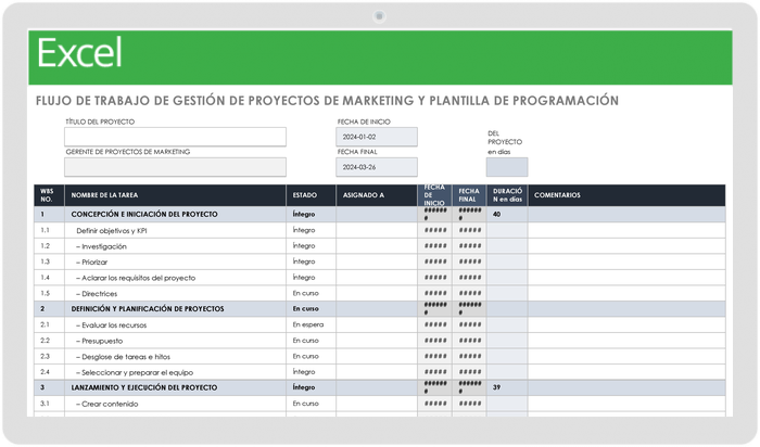 Calendario y flujo de trabajo de gestión de proyectos de marketing