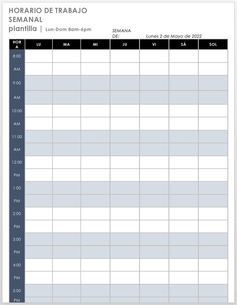 PLANTILLA DE HORARIO SEMANAL LUN-DOM 8-6PM