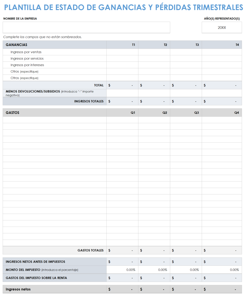 Plantilla de estado de pérdidas y ganancias trimestral